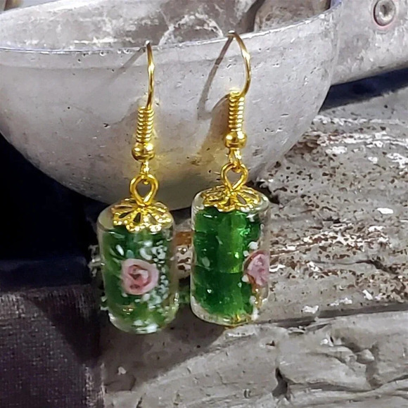 Green Murano Lampwork Glass Vintage Beads with Flower Inside Earrings - Picture 3 of 11